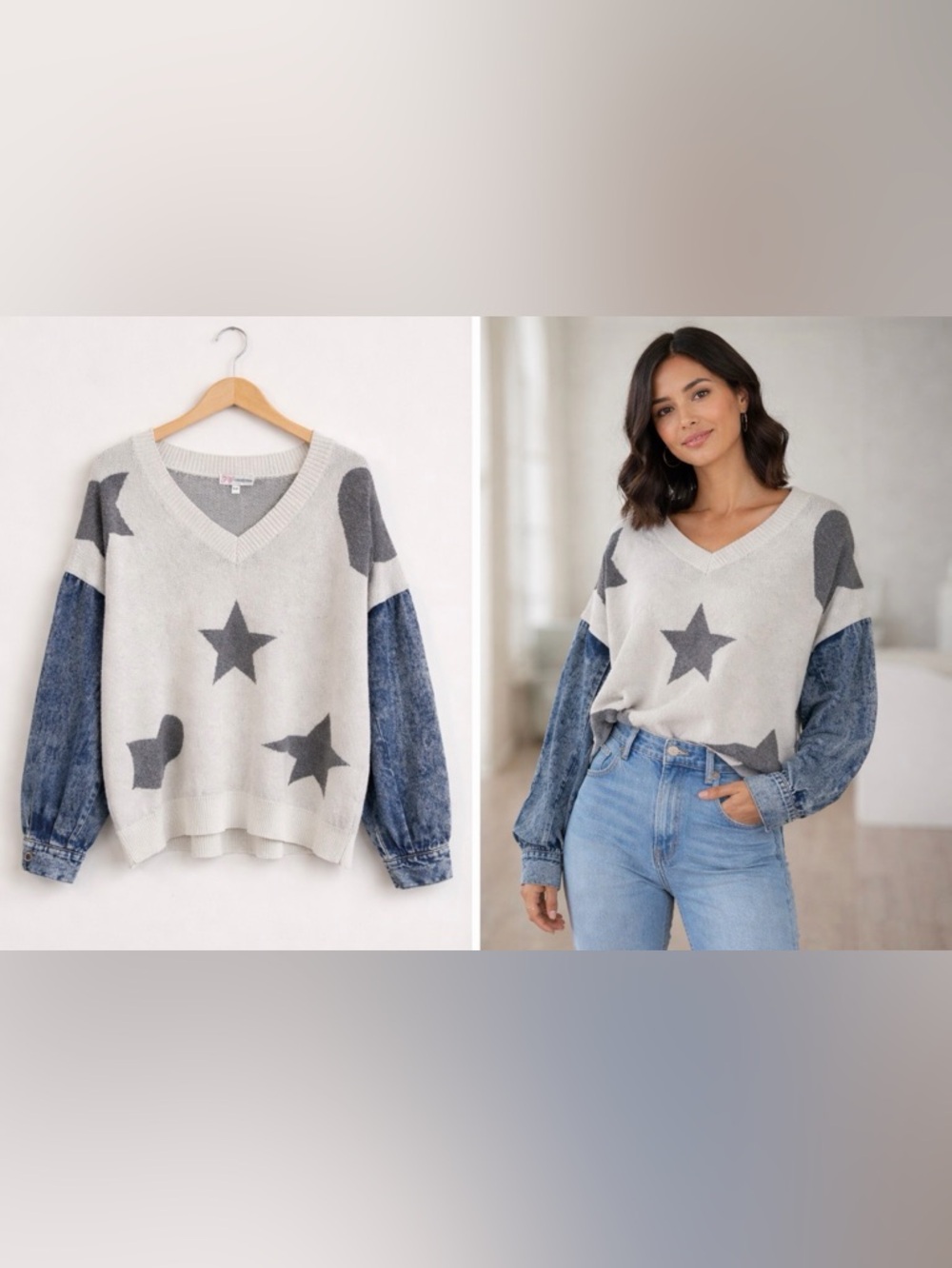 Super fun sweater with denim sleeves